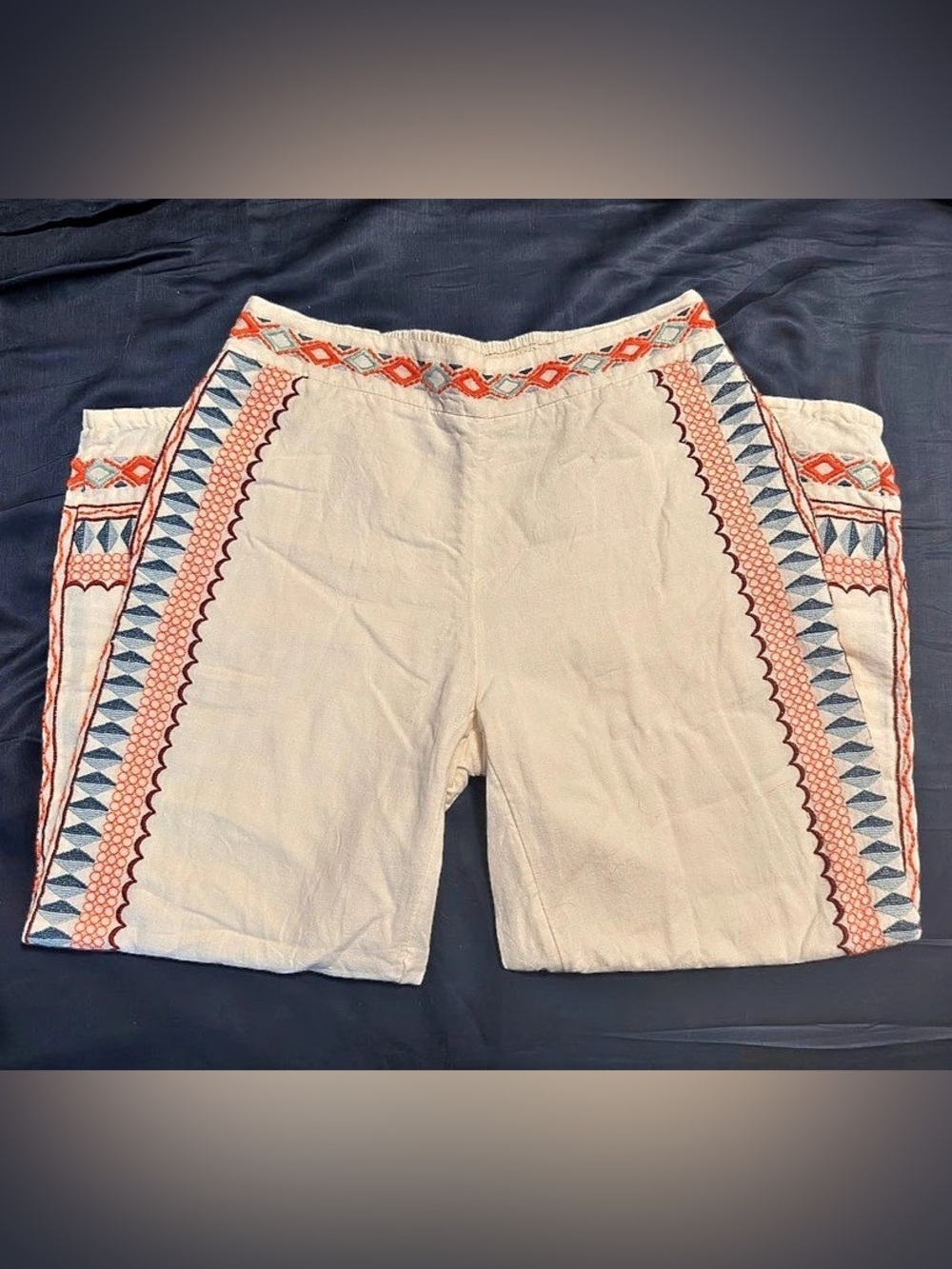 Anthropologie Geometric Embroidered Wide Leg Pants in Cream